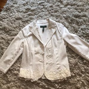 Gorgeous structured white jean and lace jacket